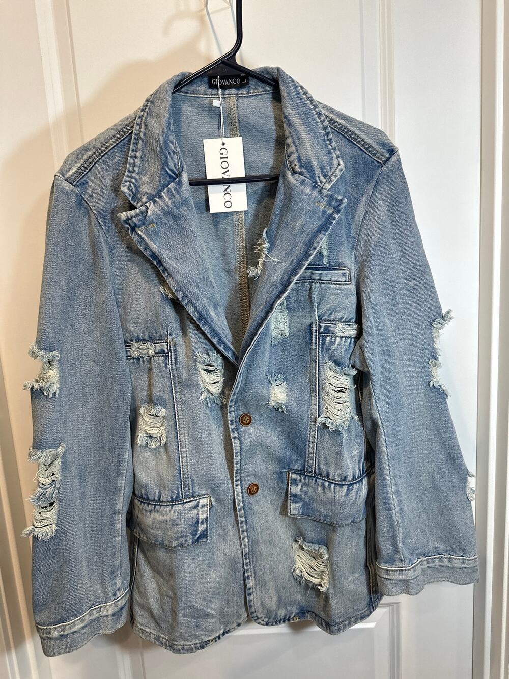 **GIOVANCO Men’s Distressed Ripped Denim Blazer Jacket – NWT**